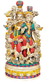 Handcrafted brass Radha-Krishna statue, colorful mosaic clothing and floral crown, 14 in