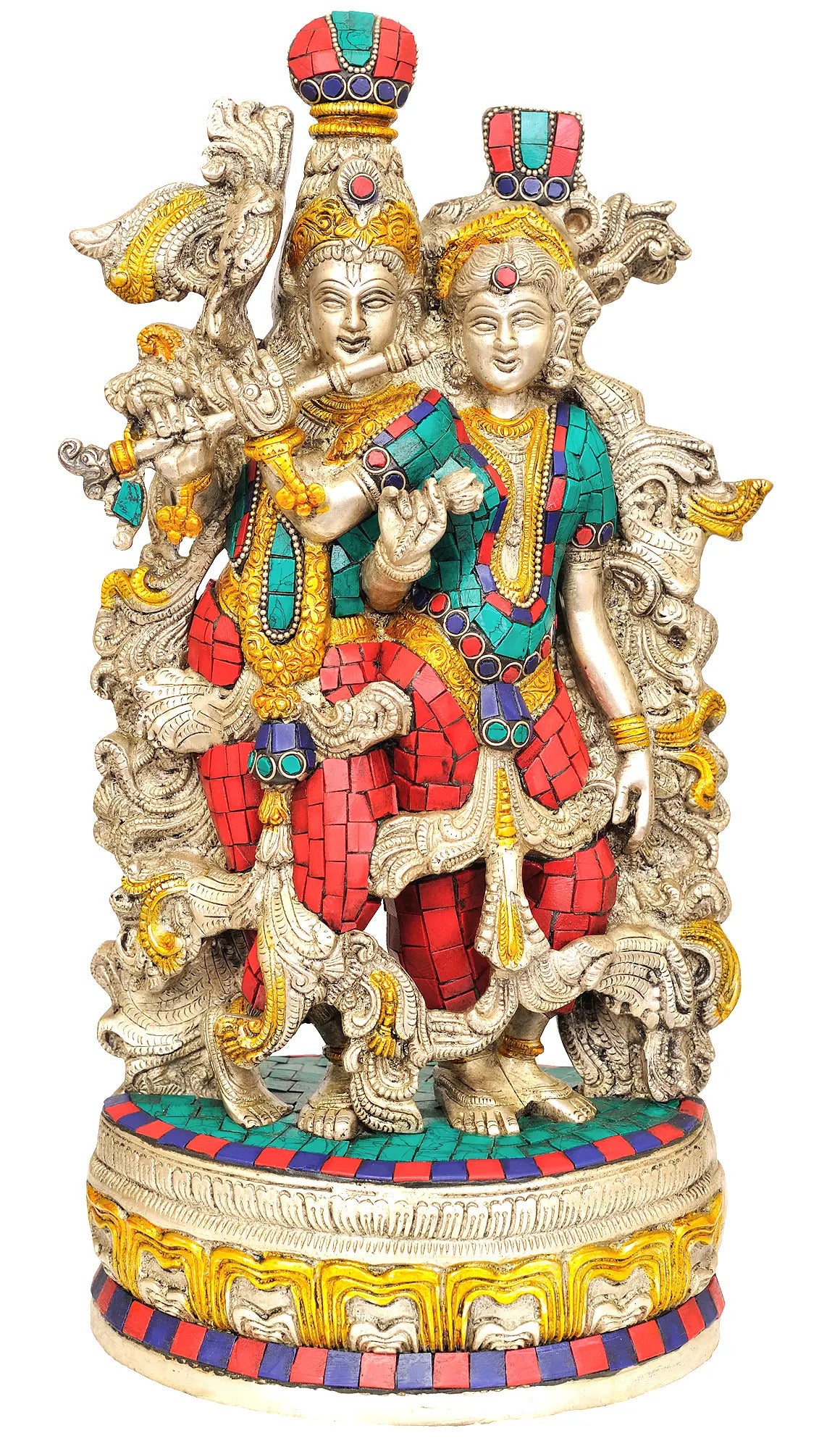 Handcrafted brass Radha-Krishna statue, colorful mosaic clothing and floral crown, 14 in