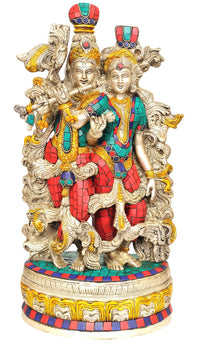 Handcrafted brass Radha-Krishna statue, colorful mosaic clothing and floral crown, 14 in