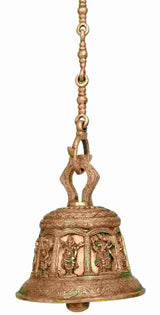Brass temple bell with top loop and chain, ornate bands and deity engravings