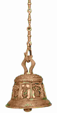 Brass temple bell with top loop and chain, ornate bands and deity engravings