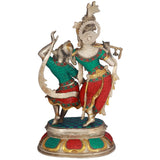 Brass Radha and Krishna dancing sculpture, two figures in green and red patterned attire
