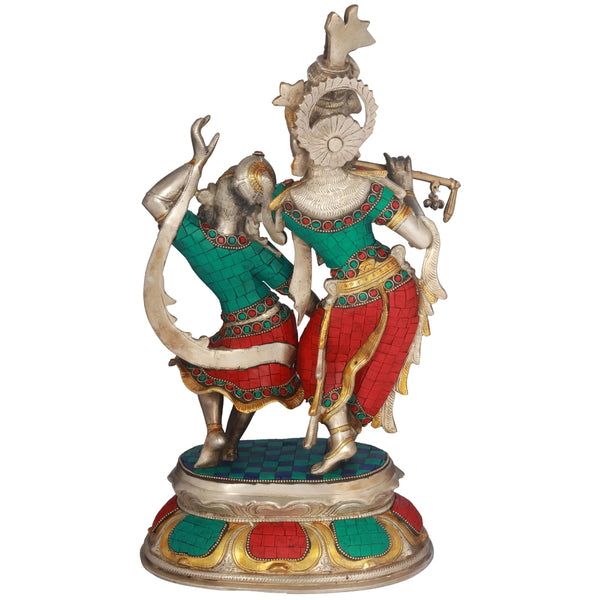 Handmade Brass Sculpture of Radha and Krishna Engaged in Dance 16 inches Study Setting
