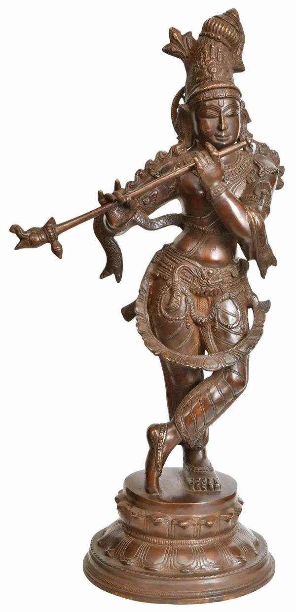 Indian Cocoa Handmade Brass Statue of Fluting Krishna 22 Inches