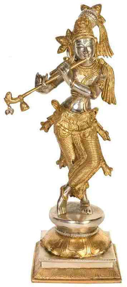 Silver Gold Brass Statue of Standing Lord Krishna Playing the Flute 14 inches