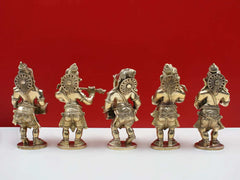 Brass Ganesha musical figurines, reverse view on bases, 7-inch set