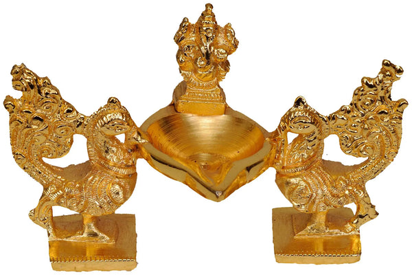 Brass Lord Ganesha Lamp with Peacock Duo 4 inches