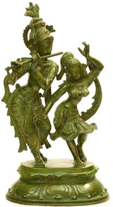 Antique green brass Radha and Krishna dancing statue, raised hands, 16 in