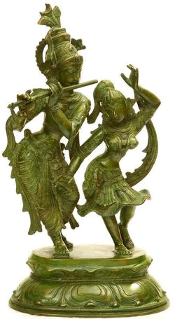 Antique green Brass Statue of Radha and Krishna Engaged in Ecstatic Dance 16 INCHES