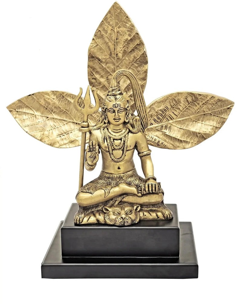 Brass Mahadev Shiva Idol in Ashirwad Mudra Sitting with a Bel/Bilva Leaf Background 11 Inches