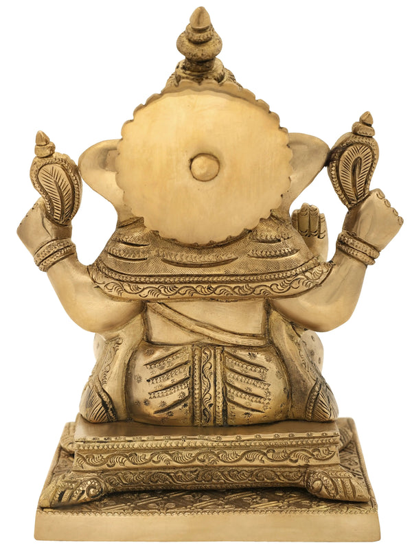 Brass Statue of Lord Ganesha Seated on an Elegant Square Pedestal 9 Inches Study Setting