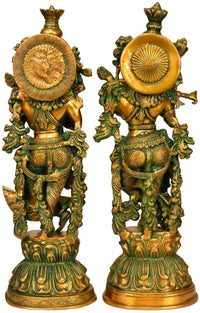 Handmade brass Radha-Krishna statue, rear view with circular halo discs, 20 in
