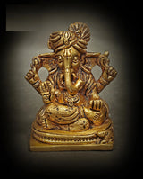 Small brass seated Lord Ganesha statue, turbaned, detailed ornaments (7.5 cm)