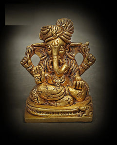 Small brass seated Lord Ganesha statue, turbaned, detailed ornaments (7.5 cm)