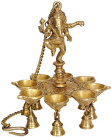 Brass hanging lamp with bells, dancing Ganesha figurine, 10 inch
