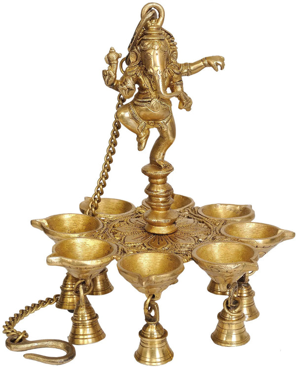 Brass Hanging Lamp with Bells Featuring Dancing Ganesha 10 inches