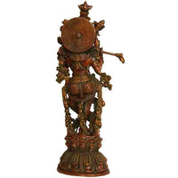 Brass Murlidhar Krishna statue, detailed back with wheel-like head ornament and flute