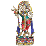 Krishna brass sculpture playing the flute, ornate multicolor inlay, 22 inches