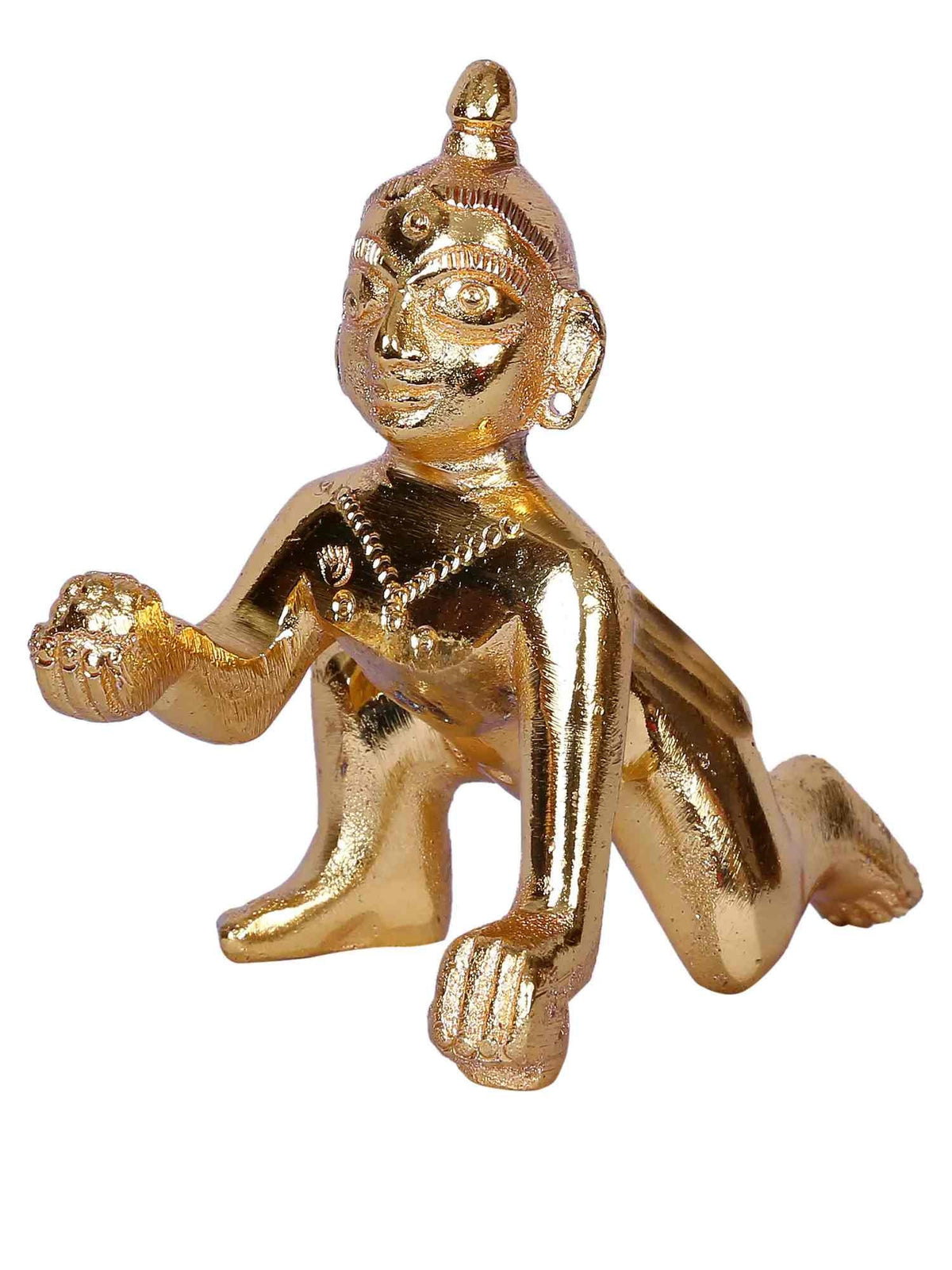 Gold-plated brass idol of Laddu Gopal, small standing figure, hands extended