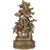 Natural brass statue of Krishna playing flute with cow, ornate details