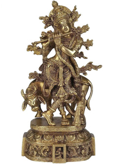 Natural Brass Statue of Venugopala | Krishna Playing Flute with His Cow 12 inches