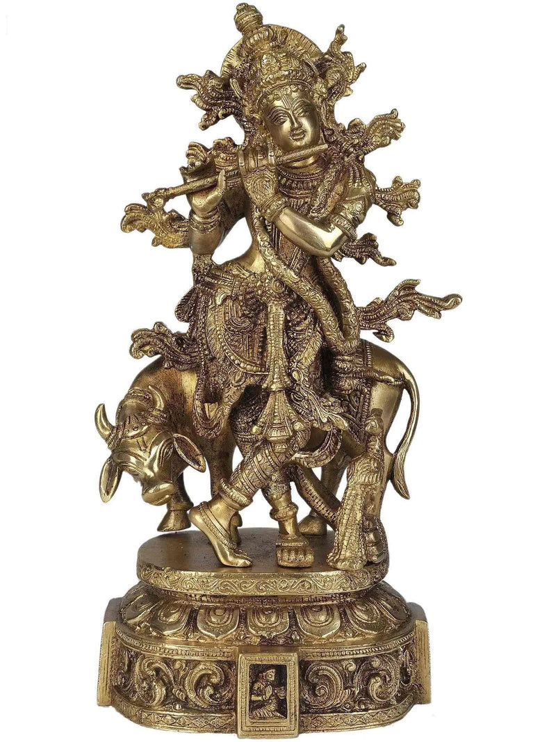 Natural Brass Statue of Venugopala | Krishna Playing Flute with His Cow 12 inches