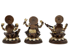 Brass Lakshmi Ganesha Saraswati figurines, back view with round halo discs, 5 in