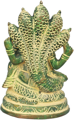 Brass Ganesha sculpture on Shesha Naga, mudgreen scaled canopy, 5 inch