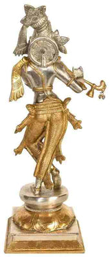 Lord Krishna statue in brass and silver, flute in hand, ornate circular back detail