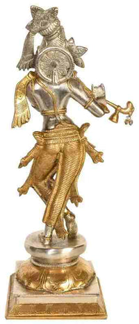 Lord Krishna statue in brass and silver, flute in hand, ornate circular back detail