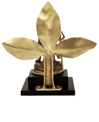 Brass Shiva idol back view, tall bel leaf fan, on black base, 11-inch