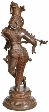 Back view Krishna brass statue with ornamental shield and flute, 22 in
