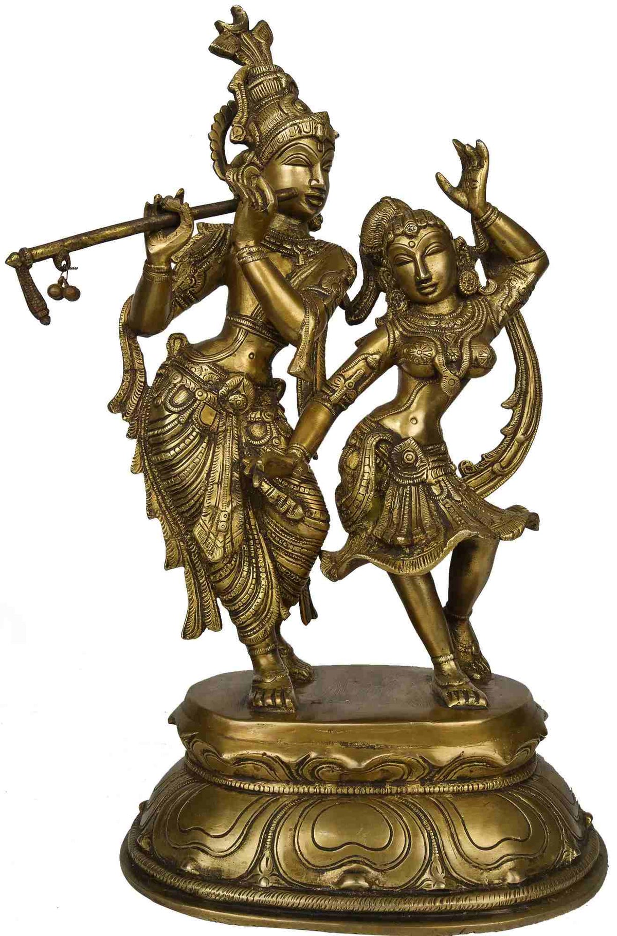 Brass Radha and Krishna dancing statue, Krishna with flute, Radha with raised arms, 15 cm