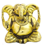 Small handmade brass statue of Lord Ganesha, seated with raised trunk and detailed ornaments.