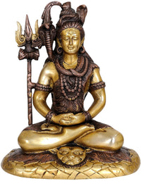 Mahayogi Shiva statue in gold and dark brown, seated with trident and cobra