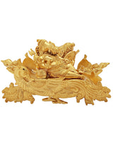 Gold-plated Ganesha idol reclining on a peacock recliner, detailed brass sculpture