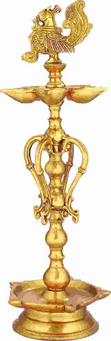 Handmade gold brass ritual lamp with ornate bird finial and double side handles