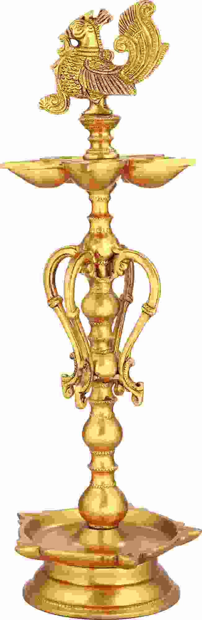 Handmade gold brass ritual lamp with ornate bird finial and double side handles