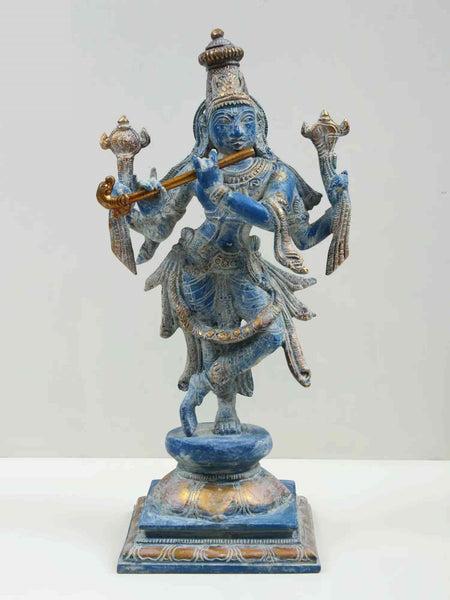 Blue Gold Handmade Brass Statue of Lord Krishna | God Idol for Temple 12 inches