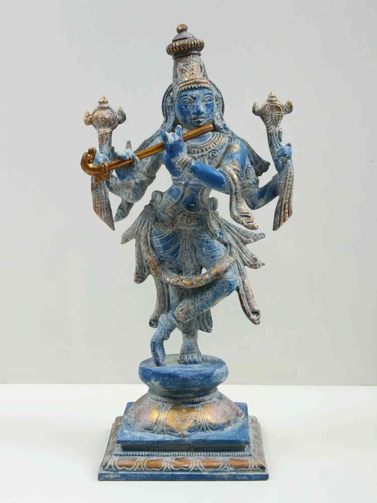12-inch blue Lord Krishna brass idol, four arms with flute