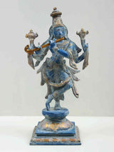 12-inch blue Lord Krishna brass idol, four arms with flute