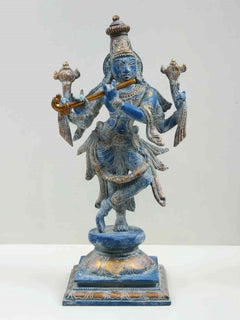 12-inch blue Lord Krishna brass idol, four arms with flute