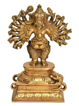 AONA Natural brass Vira Ganesha sculpture, 16 arms, ornate pedestal, 8 in