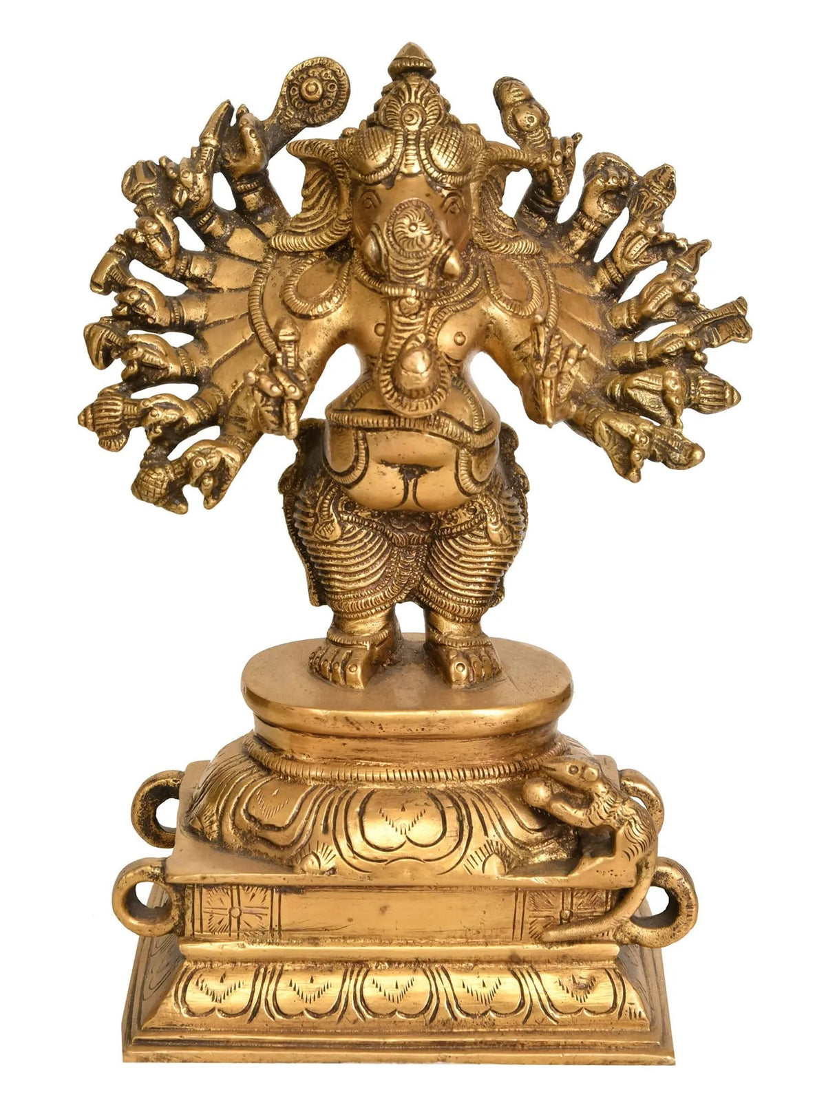 AONA Natural brass Vira Ganesha sculpture, 16 arms, ornate pedestal, 8 in