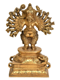 AONA Natural brass Vira Ganesha sculpture, 16 arms, ornate pedestal, 8 in
