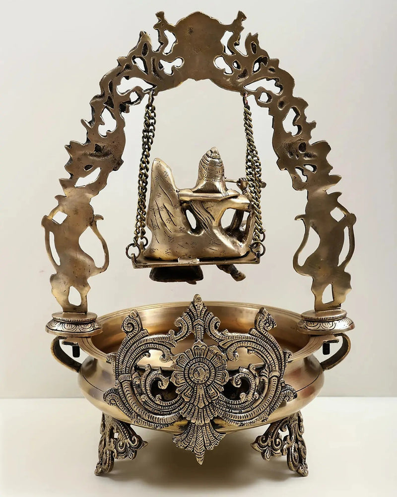 Brass Urli with Radha Krishna on a Swing 21 Inches