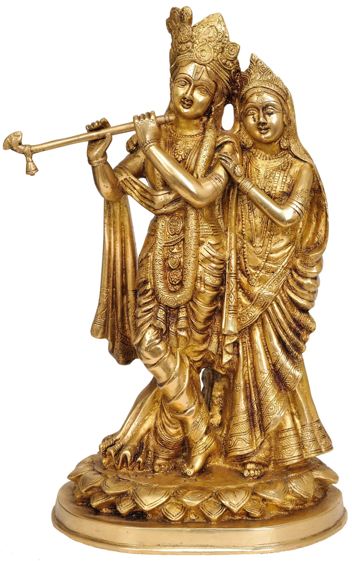 Handcrafted brass statue of Radha and Krishna, Radha behind as Krishna plays flute