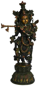 Antique chala brass statue of Murlidhar Krishna, raised arms, ornate halo base