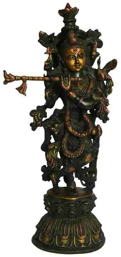 Antique chala brass statue of Murlidhar Krishna, raised arms, ornate halo base
