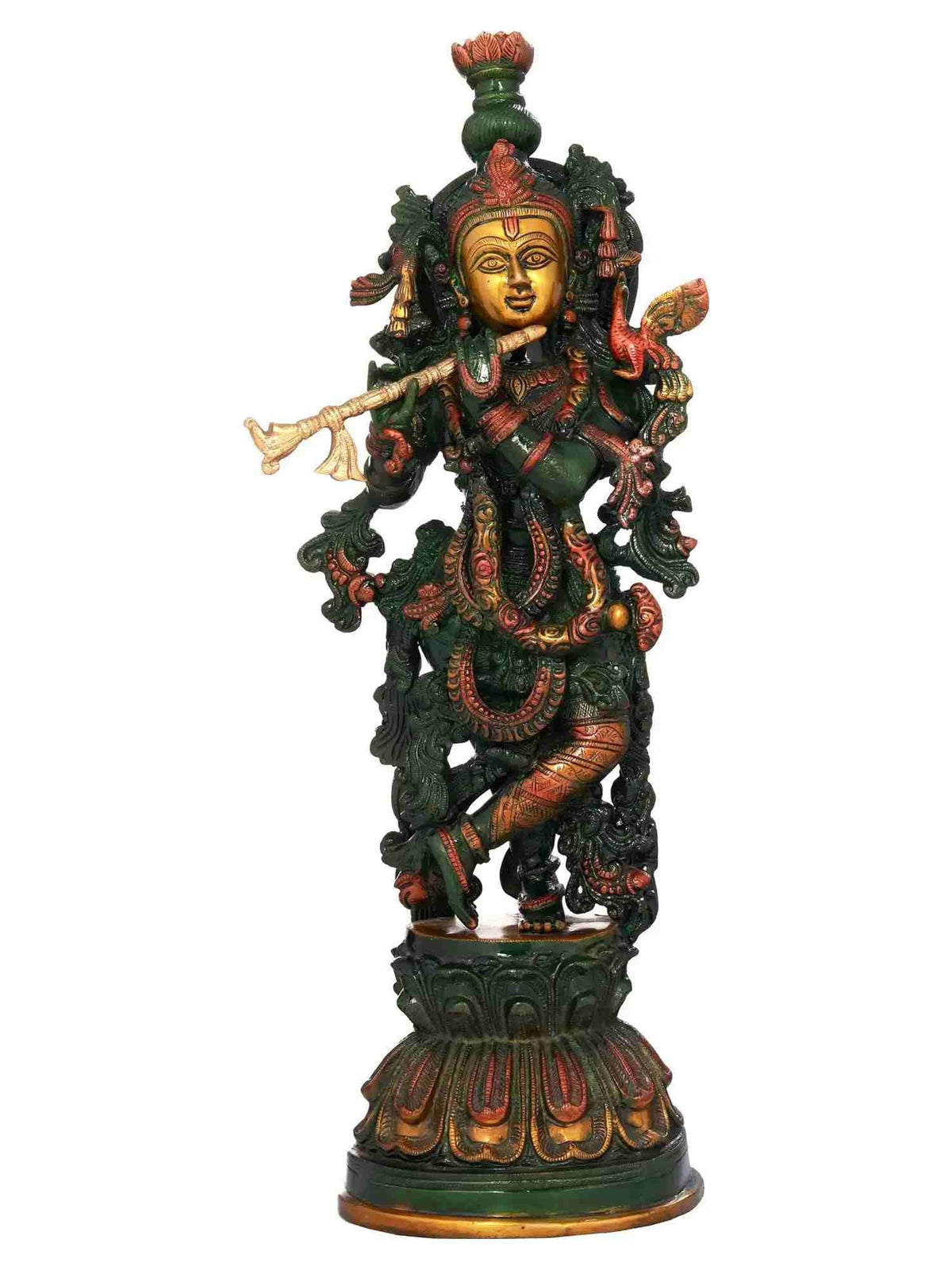 20-inch antique henna-touch brass Murli Krishna statue, front view with flute, green/red